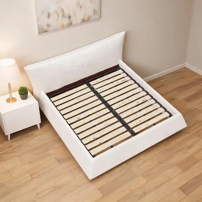 White king-size upholstered bed with a unique goose-down headboard and a sturdy bed frame combining solid wood and metal. | Wayfair North America