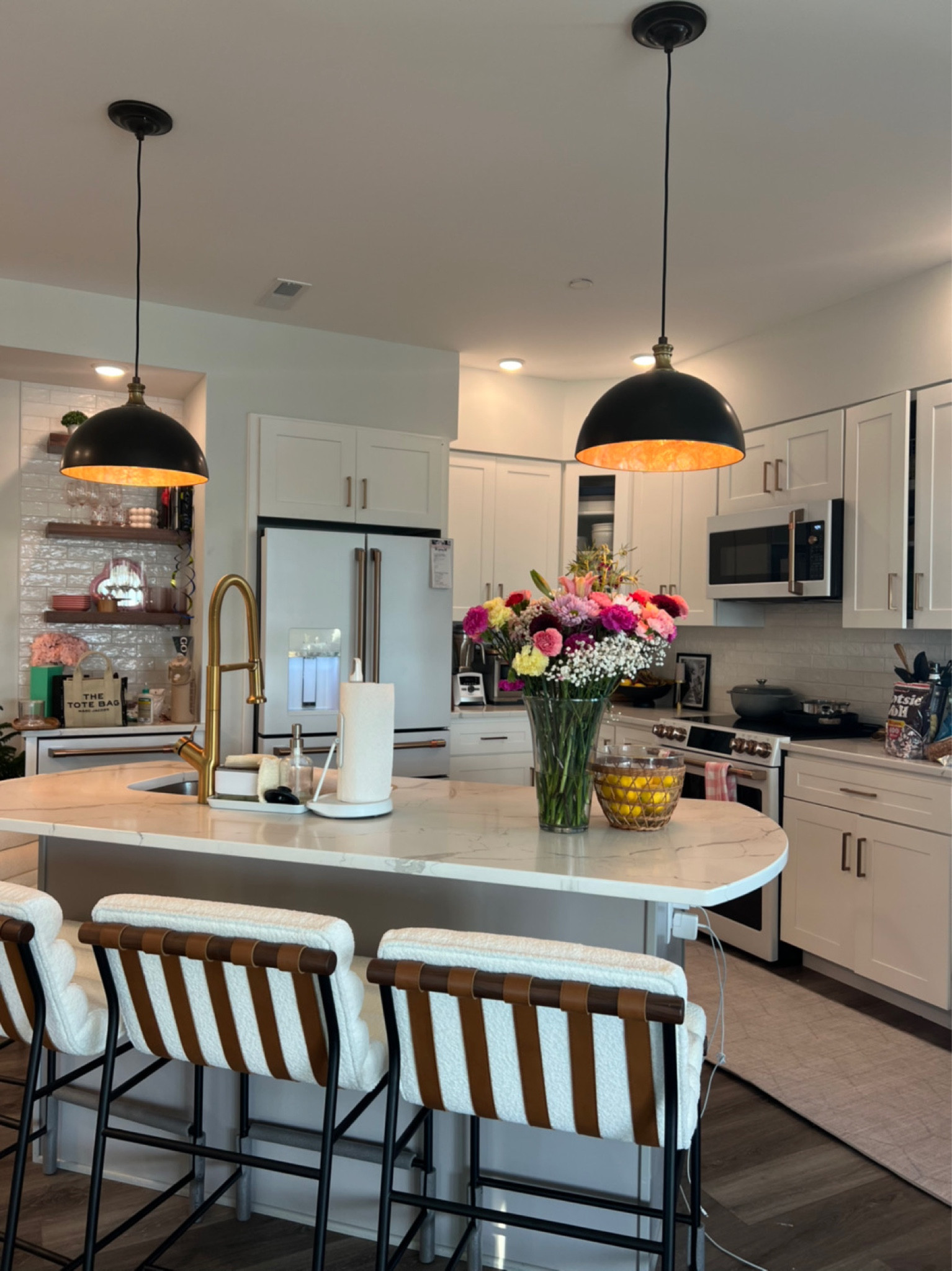 Kitchen decor, home decor, white and gold kitchen ideas, snack fridge for the kitchen, kid friendly kitchen, white cafe appliances, 

#LTKhome