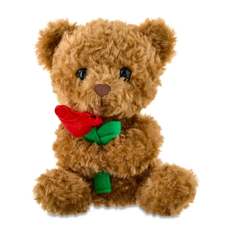 Small Bear with Rose Plush, Brown, 8", Valentine's Day by Way To Celebrate | Walmart (US)