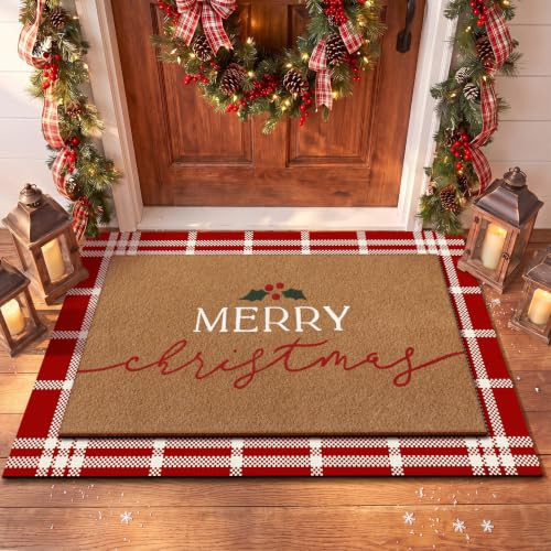 Drydiet 2 Pcs Christmas Doormat, Merry Christmas Plaid Front Door Rug | Amazon (US)
