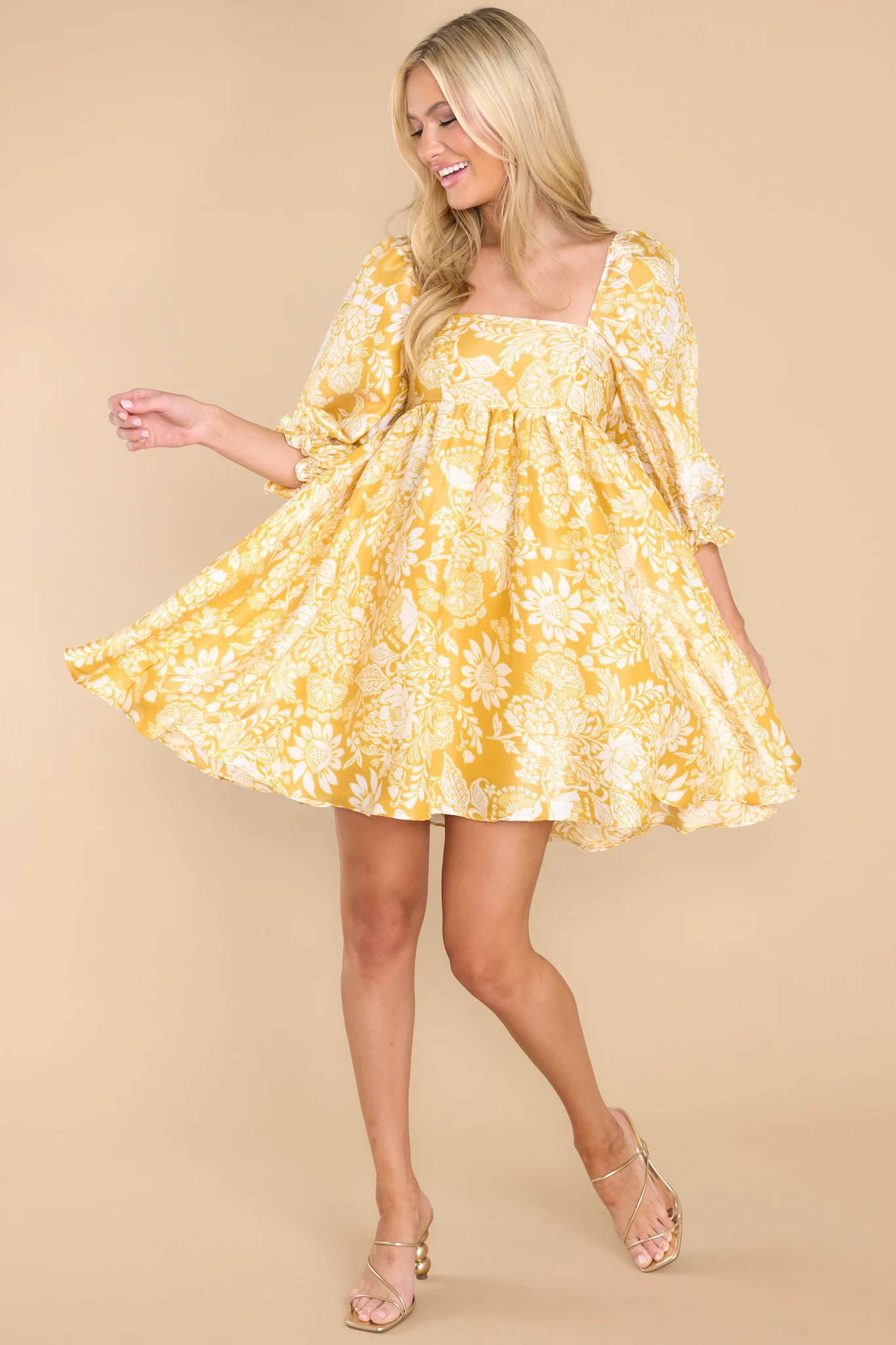 Brilliant Moves Gold Floral Print Dress | Red Dress 