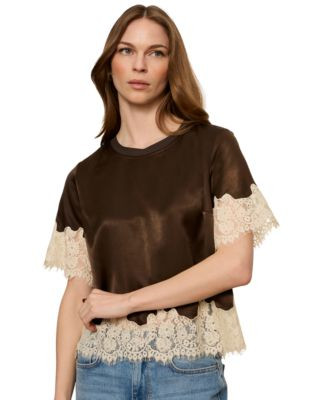 Sanctuary Women's One Of A Kind Satin Lace-Trim Blouse - Espresso Martini | Macy's
