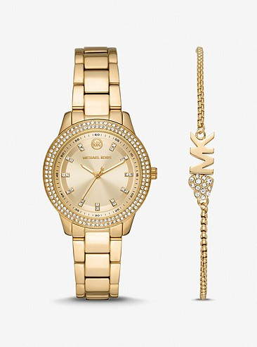 Mini Tibby Gold-Tone Pavé Watch and Bracelet Gift Set | Michael Kors US