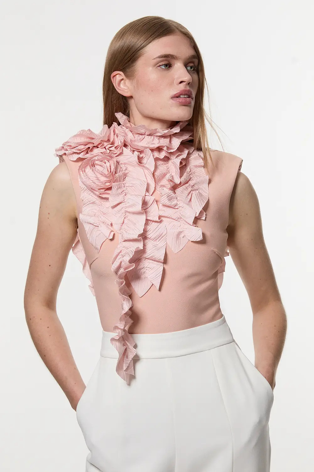 Tops | Figure Form Bandage Knit Woven Rosette Detail Top | KarenMillen | Karen Millen US