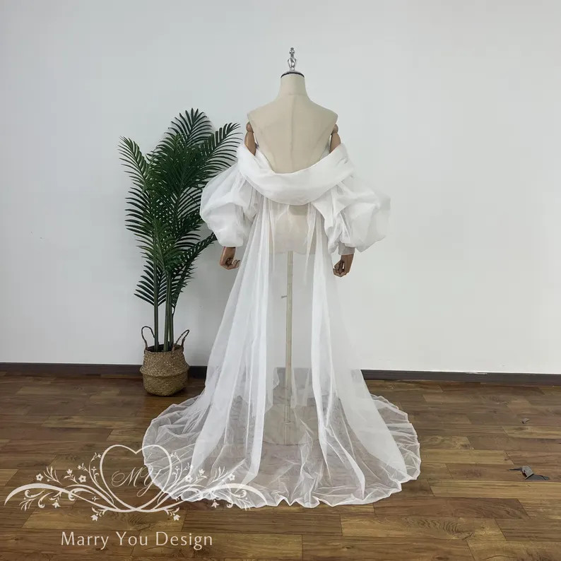 Romantic Puff Sleeves Wedding Cape,tulle Bridal Cape Veil With Sleeves,solid Tulle Cape for Bride... | Etsy (US)