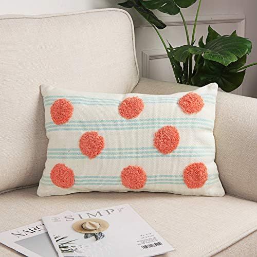 Sungea Cute Decorative Lumbar Throw Pillows Cover, 12x20 Inch Teal Striped Pompoms Pillowcase Modern | Amazon (US)