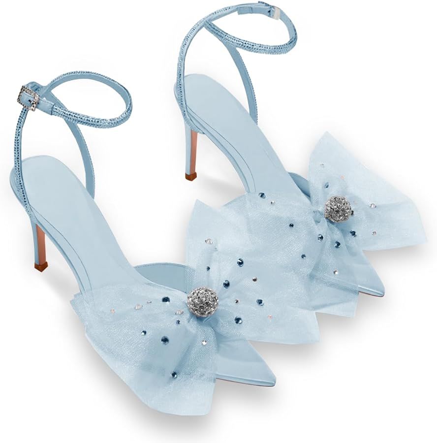 Coutgo Women's Mesh Bow Tie Heels Rhinestone Pointed Toe Lace Up Stilettos Dress Party Pump Shoes | Amazon (US)