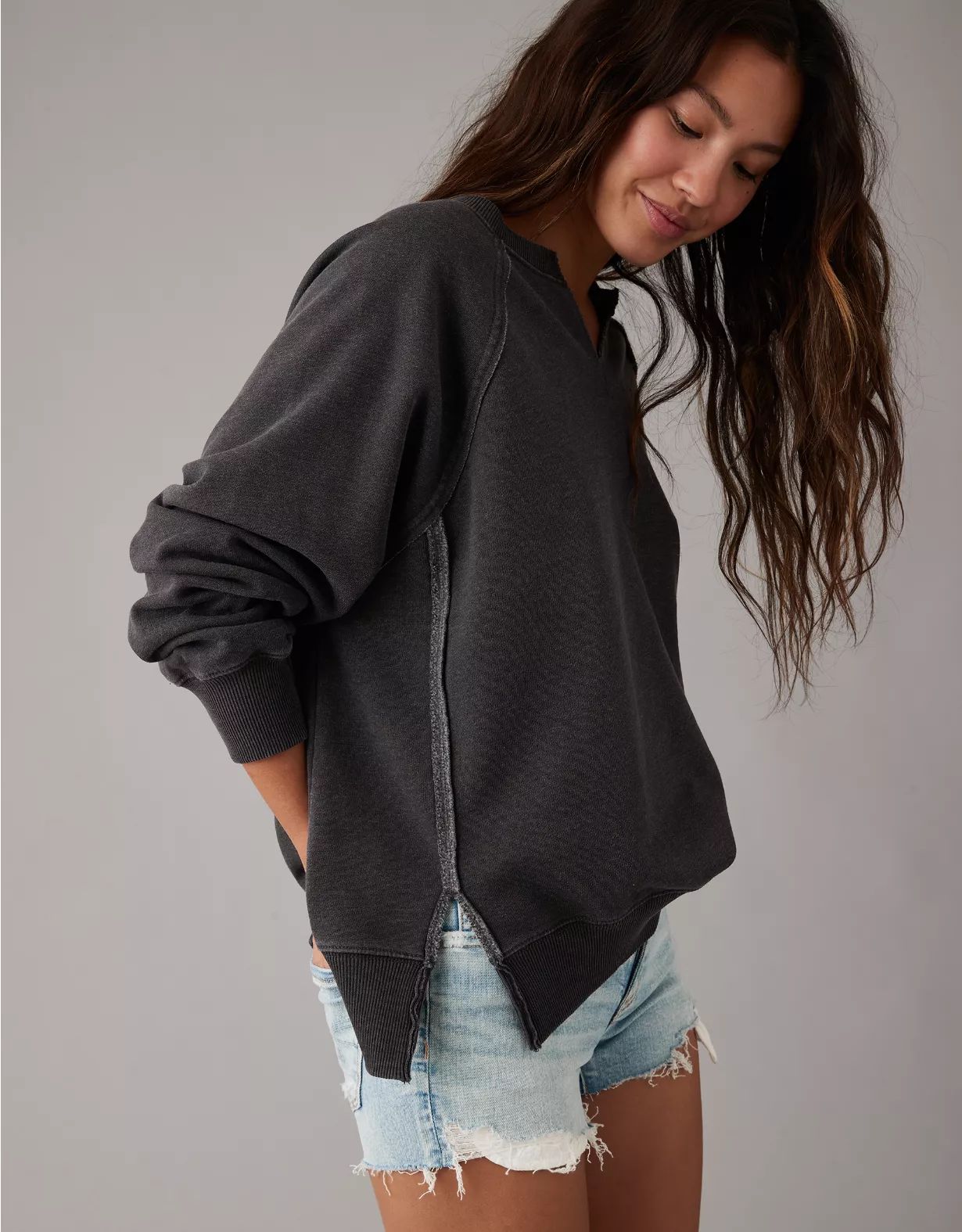 AE Big Hug Oversized Notch Neck Sweatshirt | American Eagle Outfitters (US & CA)