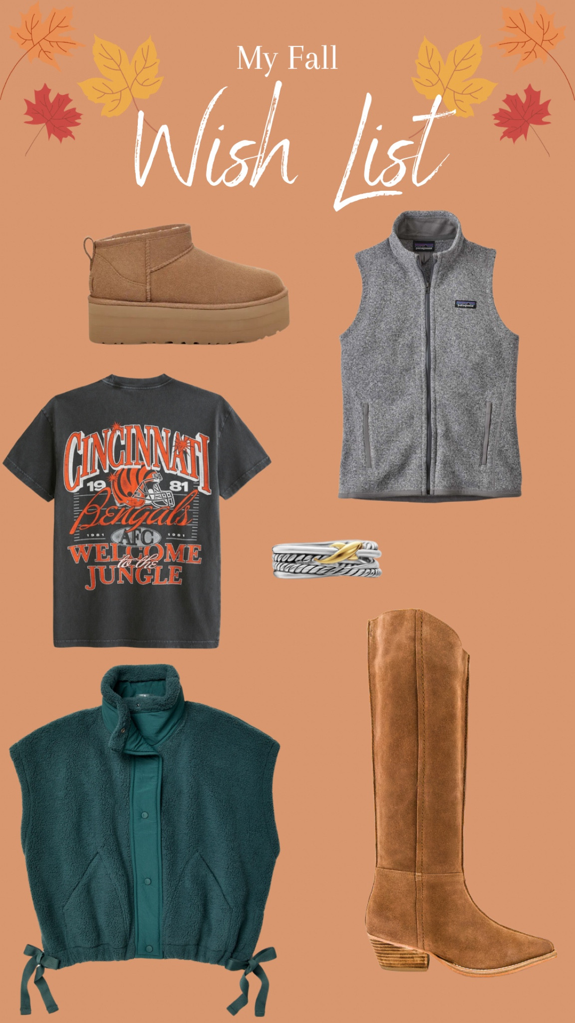 Fall wish list 

Uggs, Dolce Vite, Abercrombie, Bengals, Free People Movement, Free People, Patagonia, David Yurman

#LTKGiftGuide #LTKFindsUnder100 #LTKHoliday