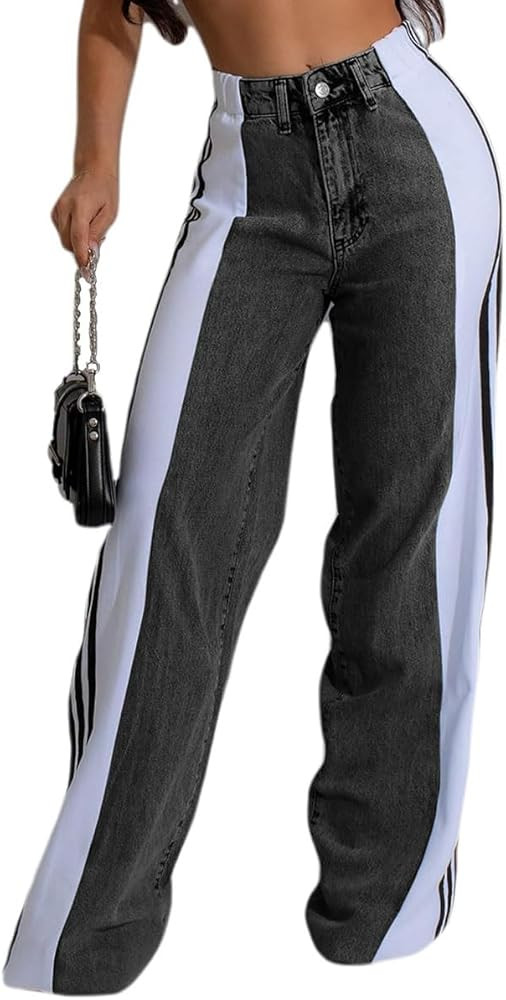 knowfashionstyle Womens Jeans High Waisted Wide Leg Patchwork Stripes Stretchy Jean Color Block S... | Amazon (US)