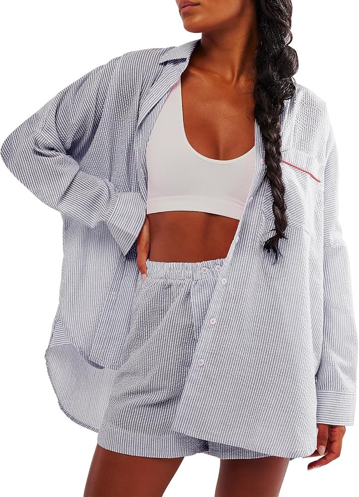 Womens Striped Button Down Shirts Summer Casual Pocketed V Neck Long Sleeve Work Top Loose Fit Sh... | Amazon (US)