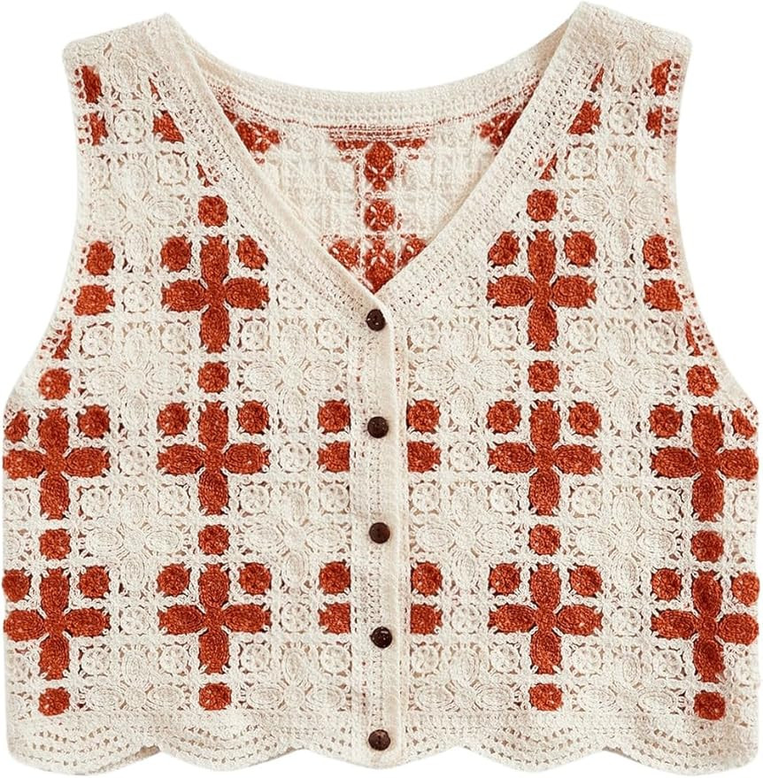 Verdusa Women's Button Front V Neck Sleeveless Checkered Knit Sweater Vest | Amazon (US)