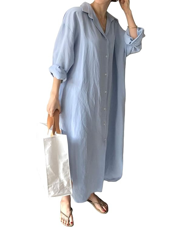 GGUHHU Womens Chic Button Down Rolled-Up Sleeve Long Cotton Blouse Maxi Dress | Amazon (US)