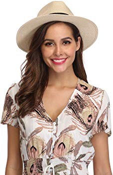 Women Wide Brim Straw Panama Roll up Hat Fedora Beach Sun Hat UPF50+ | Amazon (US)