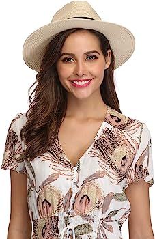 Women Wide Brim Straw Panama Roll up Hat Fedora Beach Sun Hat UPF50+ | Amazon (US)