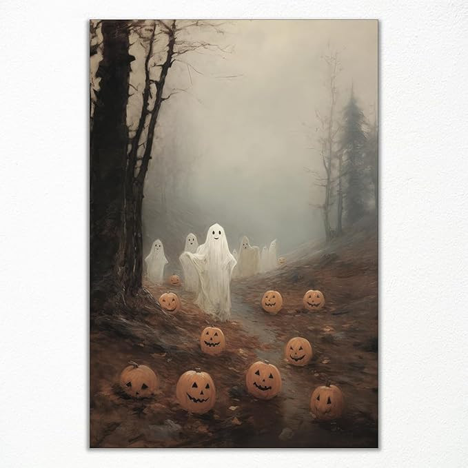 ogyormpi Vintage Halloween Canvas Wall Art, Cute Ghosts In Haunted Forest Poster, Funny Spooky Li... | Amazon (US)
