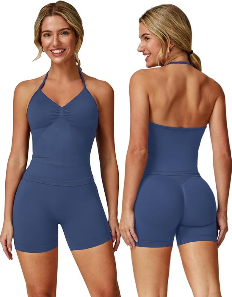 ABOCIW Workout Sets for Women 2 Piece Seamless Impact Longline Strappy Top Scrunch Butt High Wais... | Amazon (US)
