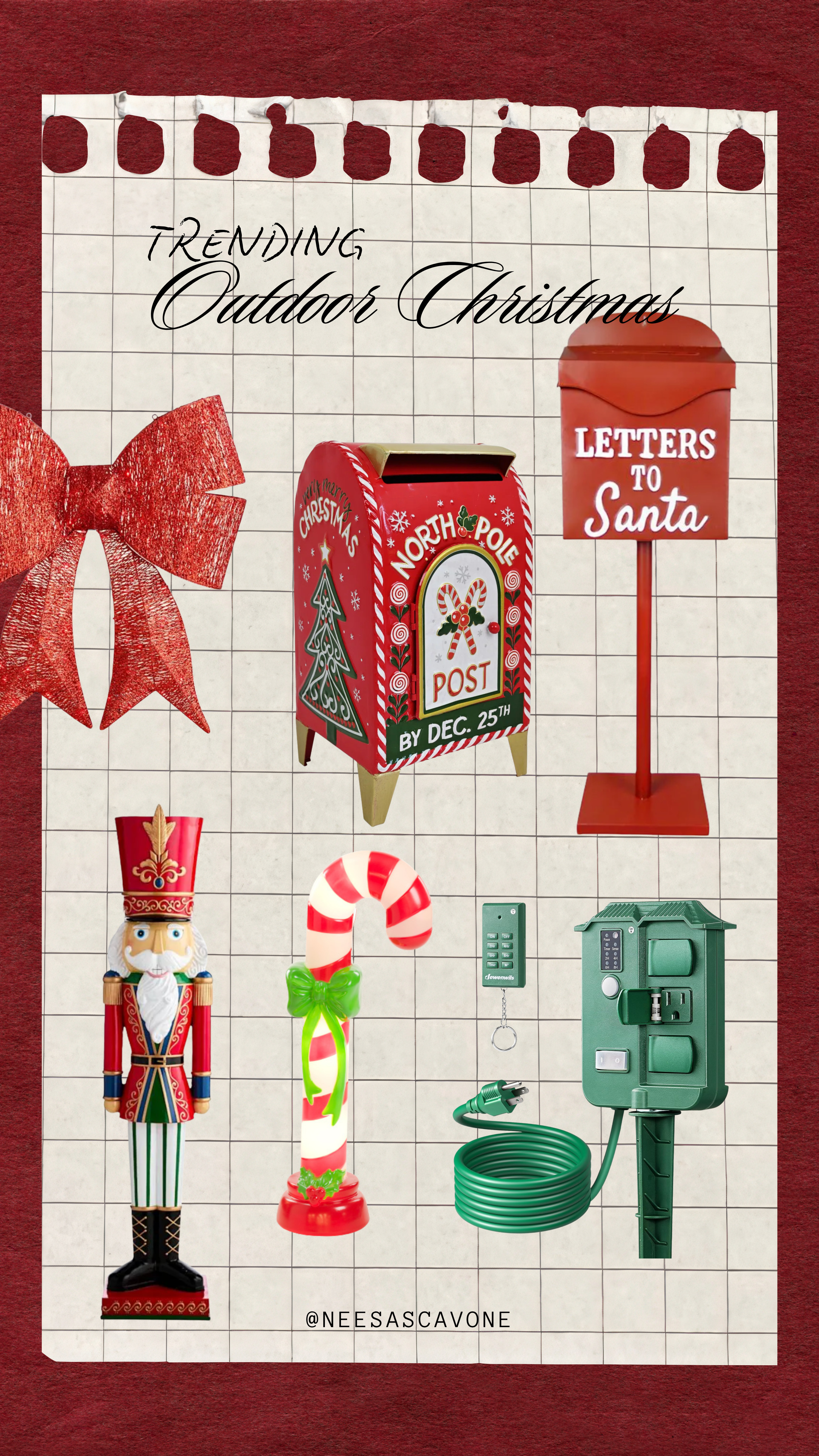 Outdoor Christmas decorations for a classic red-and-green holiday look 🎄🎅 Oversized red bows, Santa mailboxes, nutcracker decor, and candy cane decorations to bring Christmas magic to your front porch and yard! Plus, an outdoor power stake to help organize your holiday setup.

Save this for your Christmas decorating inspiration and tap to shop each find! ❤️

#LTKHoliday #LTKHome #LTKSeasonal #OutdoorChristmasDecor #ChristmasDecorations #ChristmasPorchDecor #ChristmasYardDecor #HolidayDecor #SantaMailbox #NutcrackerDecor #CandyCaneDecor #ChristmasBows 

 #LTKSeasonal #LTKHome