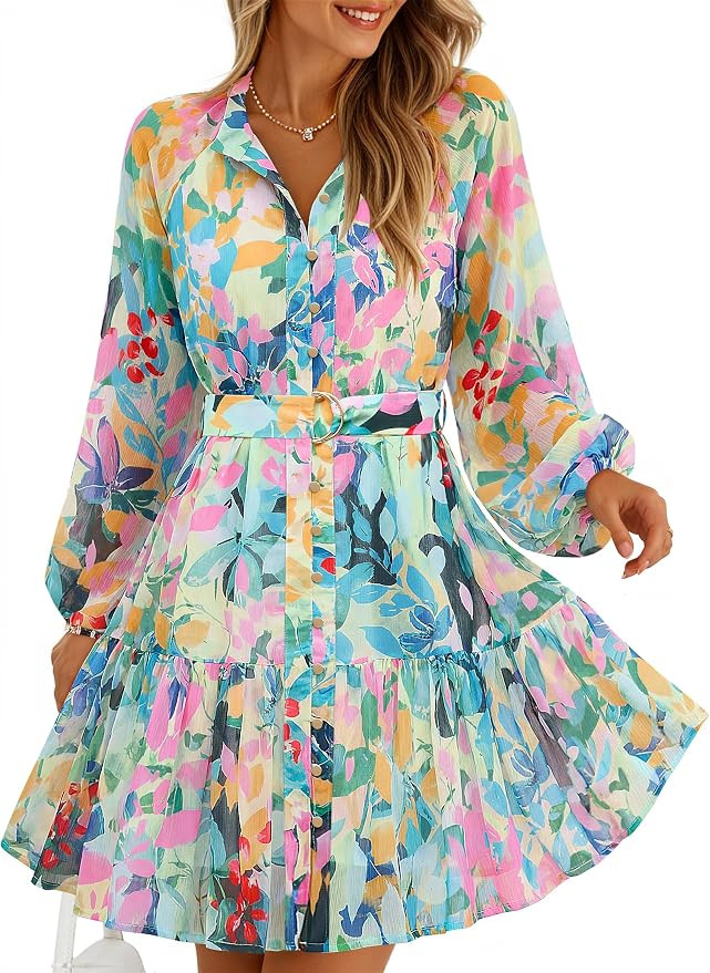 ZESICA Womens 2026 Fall Long Sleeve Floral Mini Dress | Button Down,Chiffon,Short Dress,A Line Sw... | Amazon (US)
