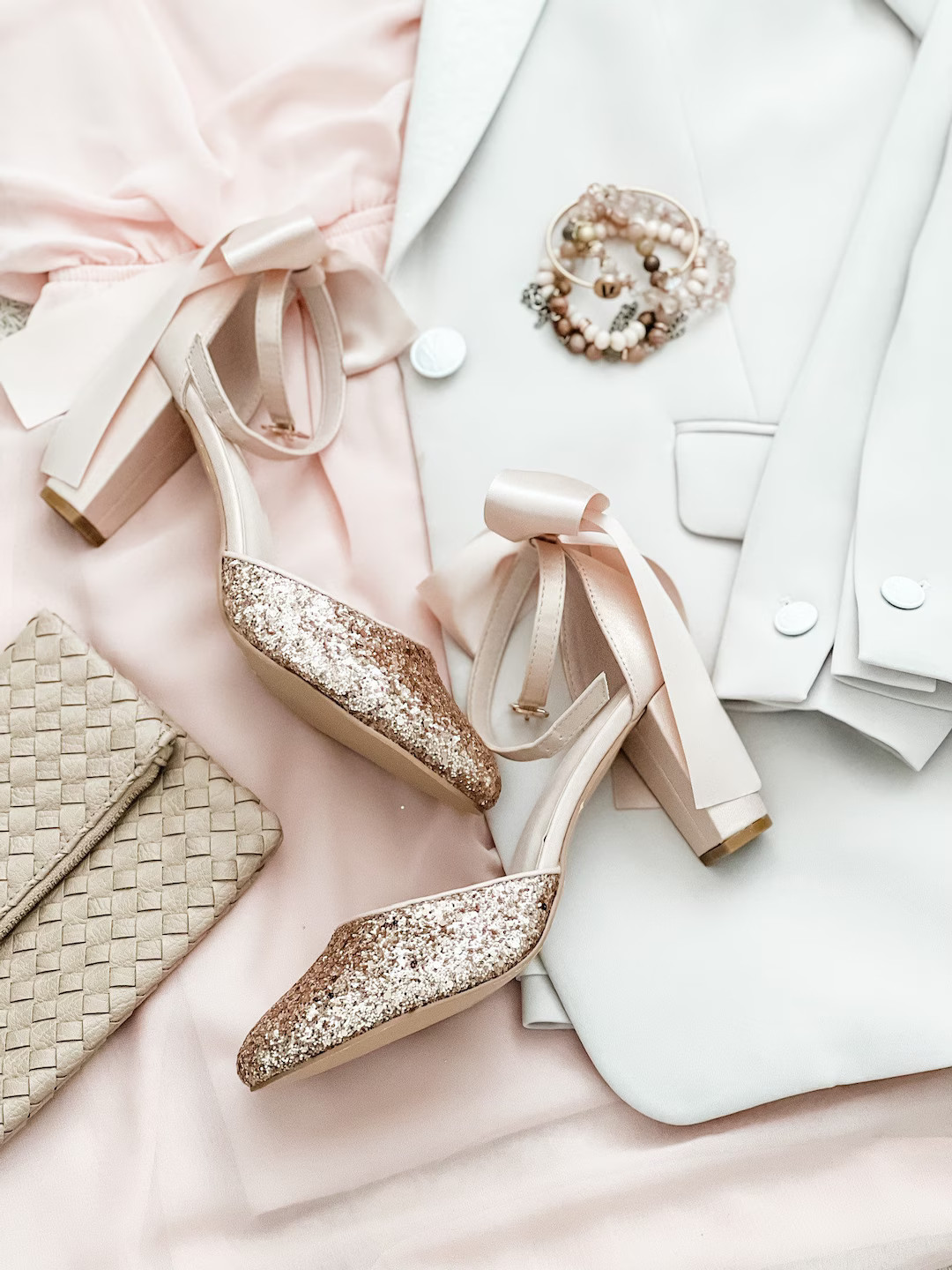 Rose Gold Rock Glitter Block Heel with BLUSH SATIN Back Bow, Fall Wedding Shoes, Bridesmaids Shoe... | Etsy (CAD)