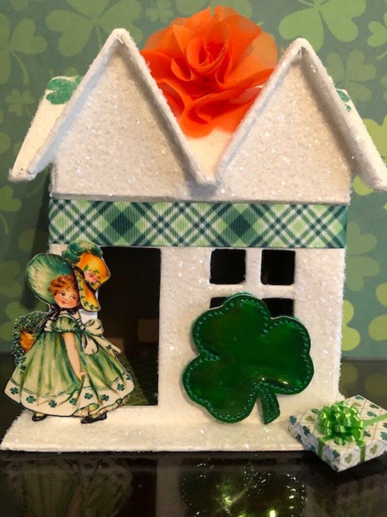 St Patrick's Day Glitter House, Glitter House, Putz House, Paper Mache House, St Patrick's Day De... | Etsy (US)