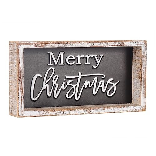 FESTWIND Christmas Tiered Tray Decor, Merry Christmas Block Sign for Shelf, Mantel, Farmhouse Rustic Christmas Decoration, Embossed Metal With Wood Frame | Amazon (US)