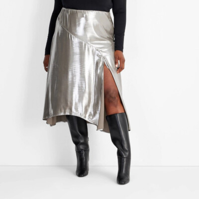 Future Collective Women's Flowy Satin Midi Skirt W/Front Slit Silver XXL NWT | eBay US
