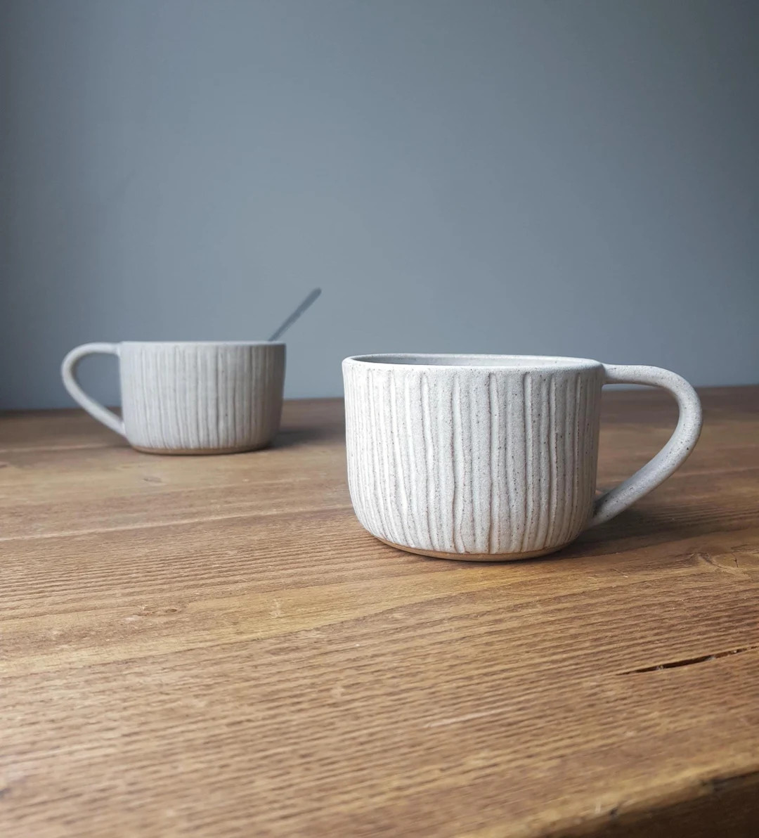 OATMEAL Stoneware Mug, Handmade Ceramic Mug, Cream Carved Mug, Neutral Glazed Cup, 300ml Coffee M... | Etsy (US)