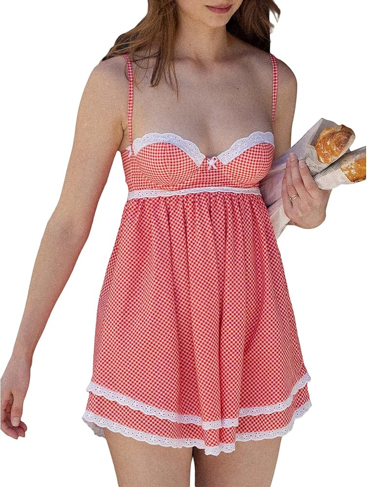 Women's Y2K Summer Casual Mini Dress Plaid Lace Trim Sleeveless Dress Tie Up Backless Spaghetti S... | Amazon (US)