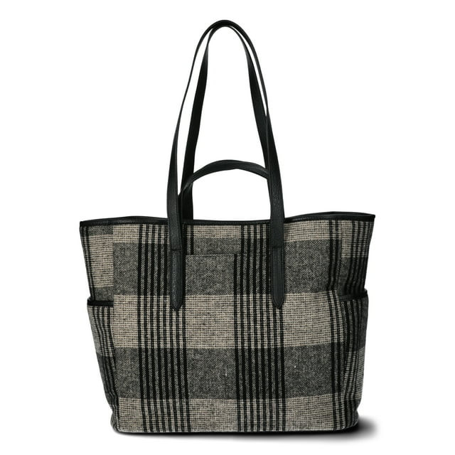 Time and Tru Women's Plaid Double Handle Large Tote Bag, Black | Walmart (US)