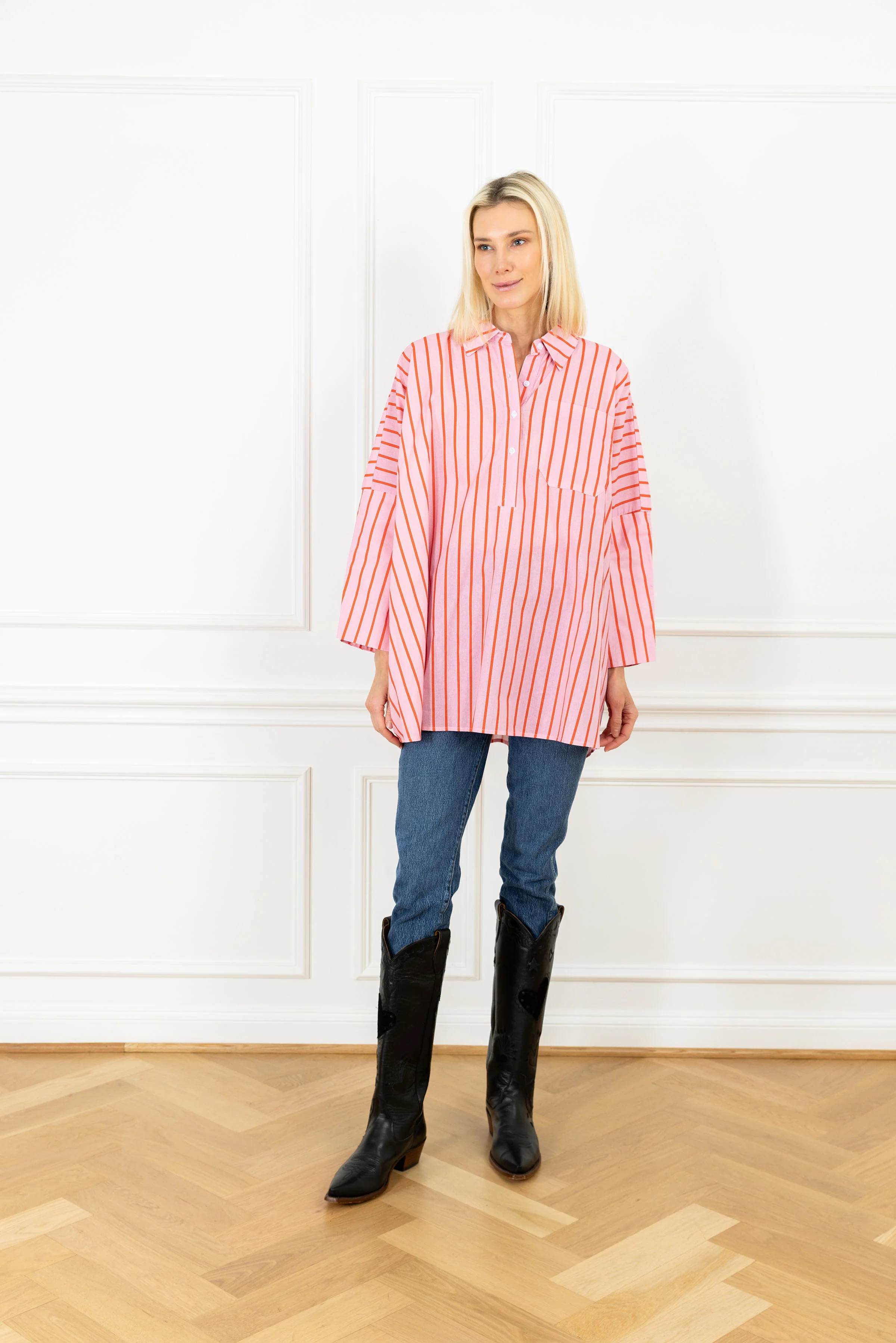 Strawberry Stripes Cotton Boyfriend Shirt | La Vie Style House