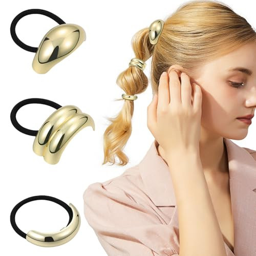 Ipetboom Gold Hair Ties: 3PCS Metal Gold Hair Accessories for Women, Elegant Geometric Design Hair Ties for Ponytail Holders, Stretchy and Non-Damage Gold Hair Cuffs for Christmas Holiday | Amazon (US)
