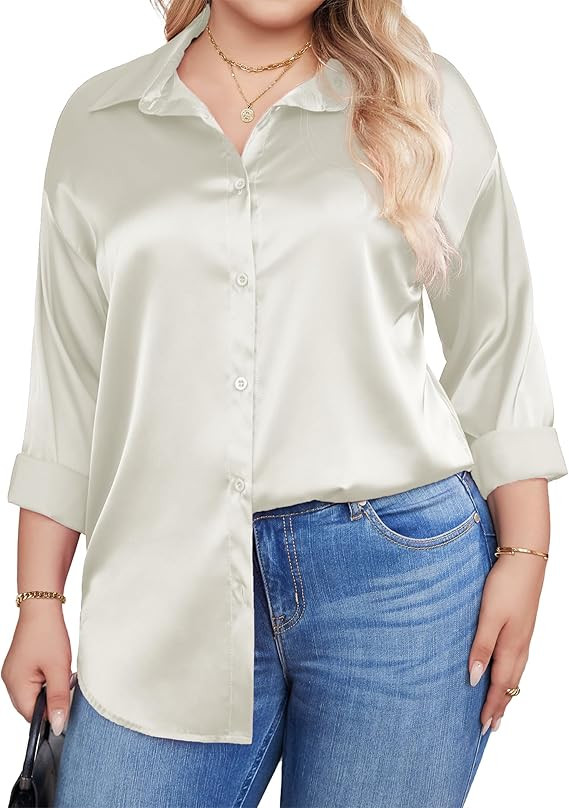 IN'VOLAND Womens Plus Size Satin Blouse Button Down Shirts Casual V Neck Long Sleeve Office Work ... | Amazon (US)