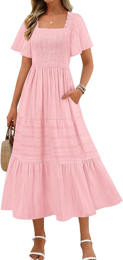 MEROKEETY Women's 2026 Summer Flowy Midi Maxi Dress Short Sleeve Square Neck Smocked Tiered Ruffl... | Amazon (US)