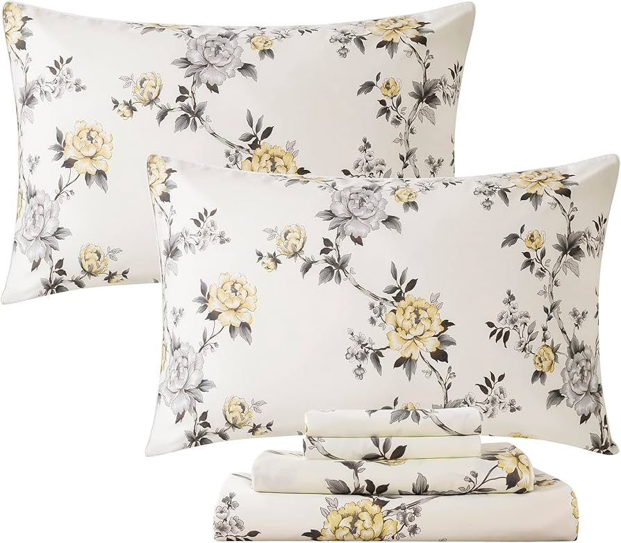 FADFAY Floral Sheets Set Queen Vintage Rose Floral Bedding Shabby Grey and Yellow Peony Sheets Fa... | Amazon (US)