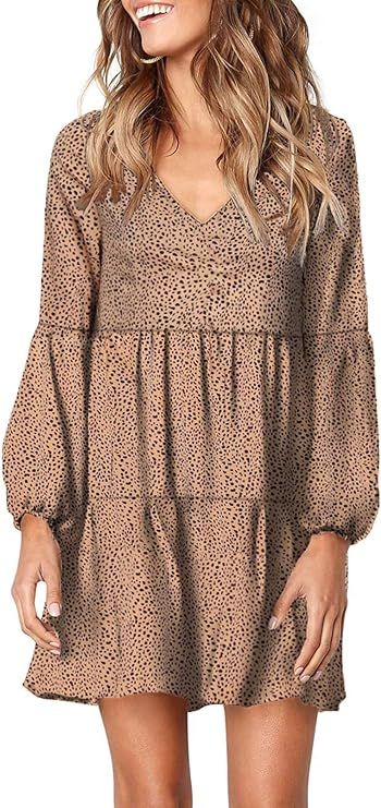 Happy Sailed Womens Leopard Tunic Dress Lantern Sleeve V Neck Casual Loose Flowy Swing Shift Dres... | Amazon (US)