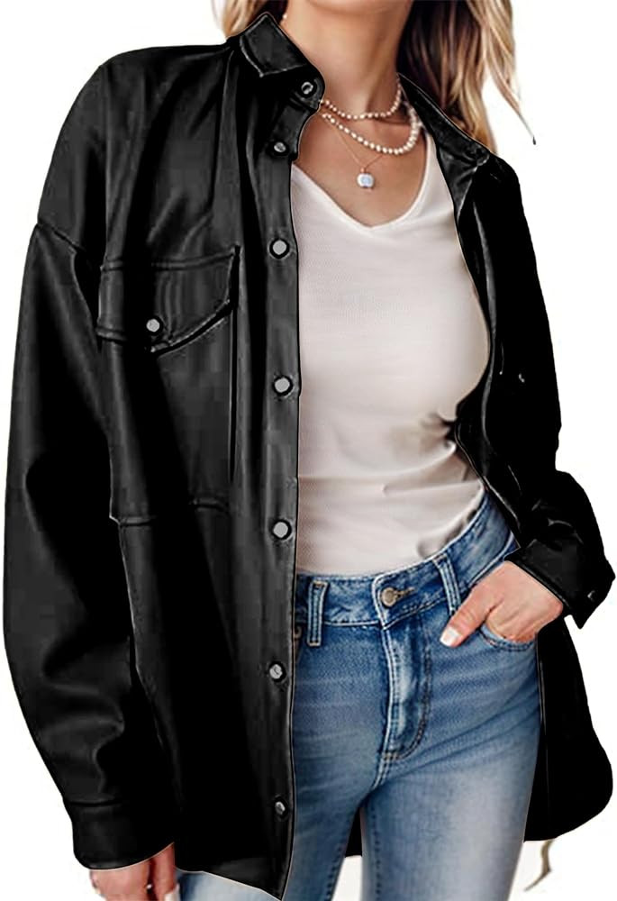 SeekMe Women's PU Leather Jacket Shacket Button Down Lapel Blazer Coat with Bust Pocket | Amazon (US)