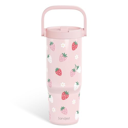 SANDJEST Strawberry Stainless Steel Straw Lid Tumbler 30oz with Carry Handle for Women Girls, Insulated Travel Coffee Cup, Gift for Sports Workout Christmas Birthday | Amazon (US)
