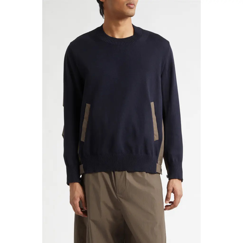 Sacai Cotton Typewriter Panel Sweater in Navy/Taupe at Nordstrom, Size 1 | Nordstrom
