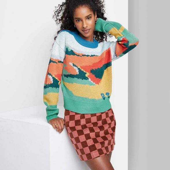Women&#39;s Crewneck Pullover Sweater - Wild Fable&#8482; Orange Landscape M | Target