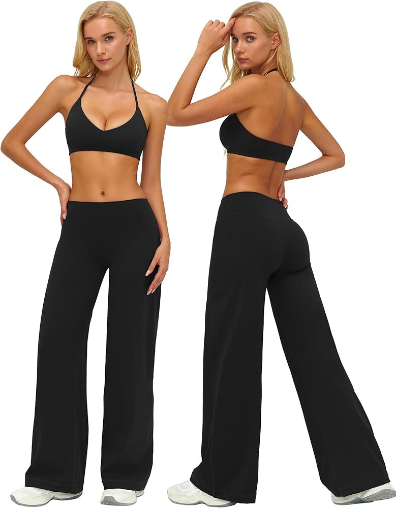 ABOCIW Two Piece Workout Sets for Women V Neck Halter Sports Bra Straight Leg Yoga Pants Gym Pila... | Amazon (US)