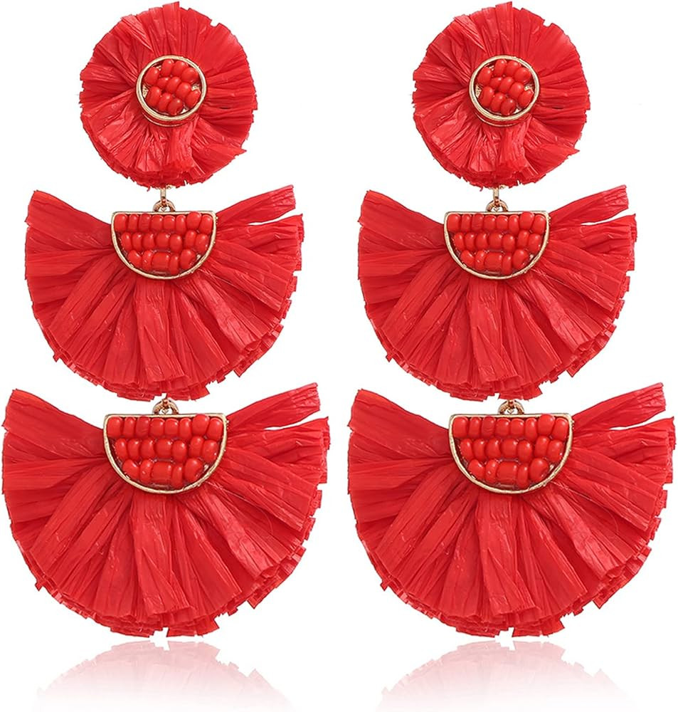 Bohemian Statement Earrings - Lightweight Tiered Raffia Beaded Earrings Drop Dangle Gifts for Wom... | Amazon (US)