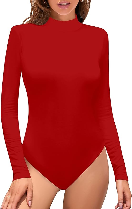 SHEIUGU Women’s Sleeveless Long Sleeve Mock Turtle Neck Bodysuit Soft Slim Fit Stretchy Layer T... | Amazon (US)