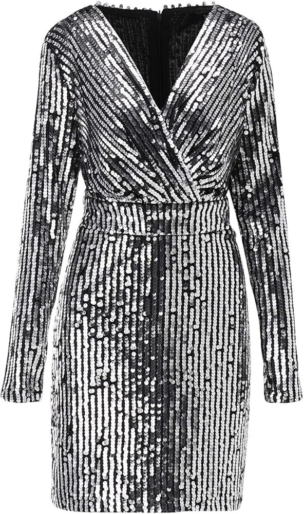 Women's V-Neck Long Sleeve Bodycon Evening Party Stretchy Sequin Bandage Dress | Amazon (US)