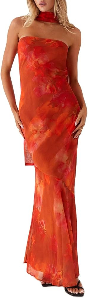 Women Strapless Floral Dress with Sarf Mesh Tube Maxi Dress Summer Cocktail Wedding Guest | Amazon (US)