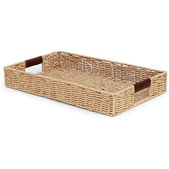Handwoven Multipurpose Rectangle Rattan Tray, 20” x 12” – Durable Wicker Tray with Leather ... | Amazon (US)
