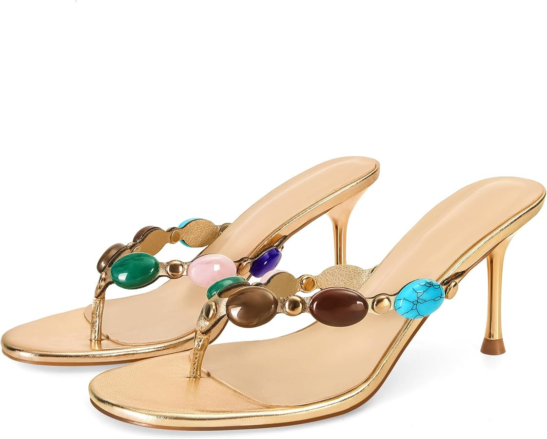 Wnshonzy Women's Strappy Heeled Sandals Jewelled Thong Flip-Flop Kitten Heels Slip On Pumps Stile... | Amazon (US)