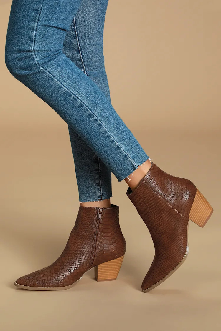 Spirit Dark Brown Snake Pointed Toe Ankle Booties | Lulus (US)