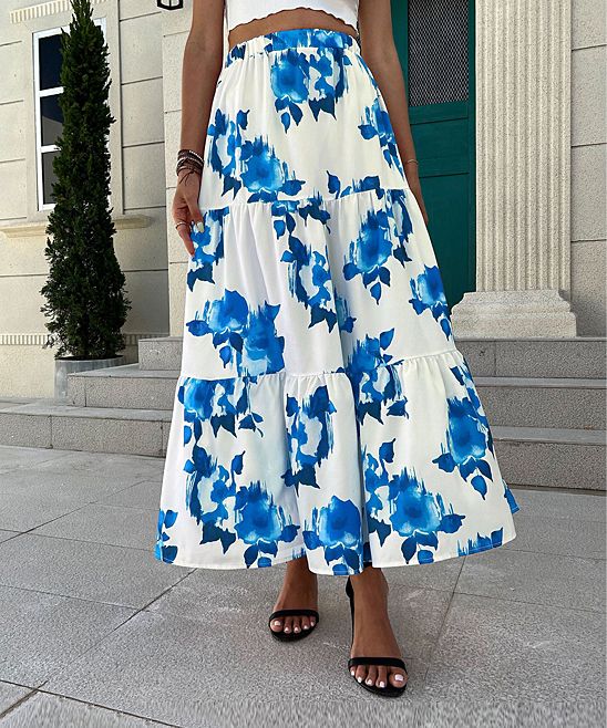 Lapentry Women's Casual Skirts Blue - Blue Floral Tiered Maxi Skirt - Women | Zulily