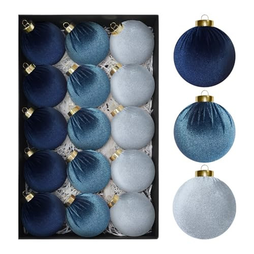 15 PCS Blue and Gray Velvet Balls Ornaments for Christmas Tree, 3.15" Large Balls Velvet Christmas Ornaments Set Decor for Tree Mantle Wreath, Neutral Vintage Shatterproof Xmas Indoor Home Decor | Amazon (US)